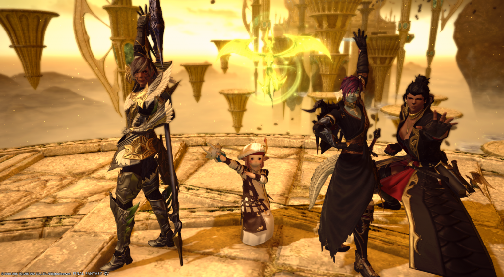 The victorious party poses!
Adventurers and heroes of the realm Kisusu Kisu, Belen Kaliska, Merillexis Eirnin, and Niko Vani, of Orange Pekoe, strike a pose after completing Hraesvelgr's trial in Sohr Khai. And Garuda, we can't forget Garuda-egi!
